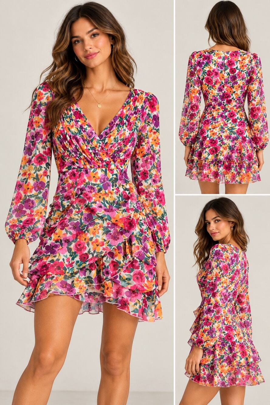 Showpo Carabelle Dress US 4 Packed Floral Ruched Ruffle Mini Wedding Guest